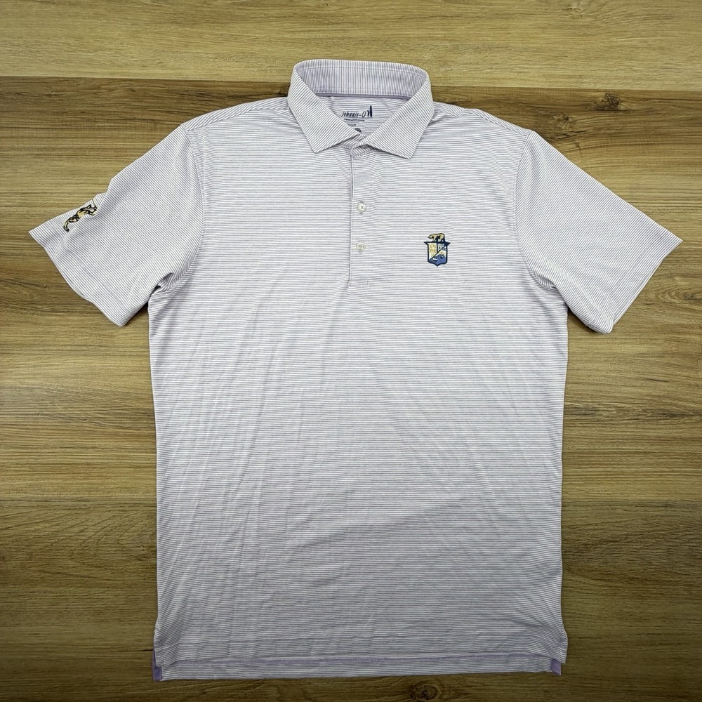 Johnnie-O Hangin Out Polo Shirt Mens Medium Purple Stripe Surf Stretch